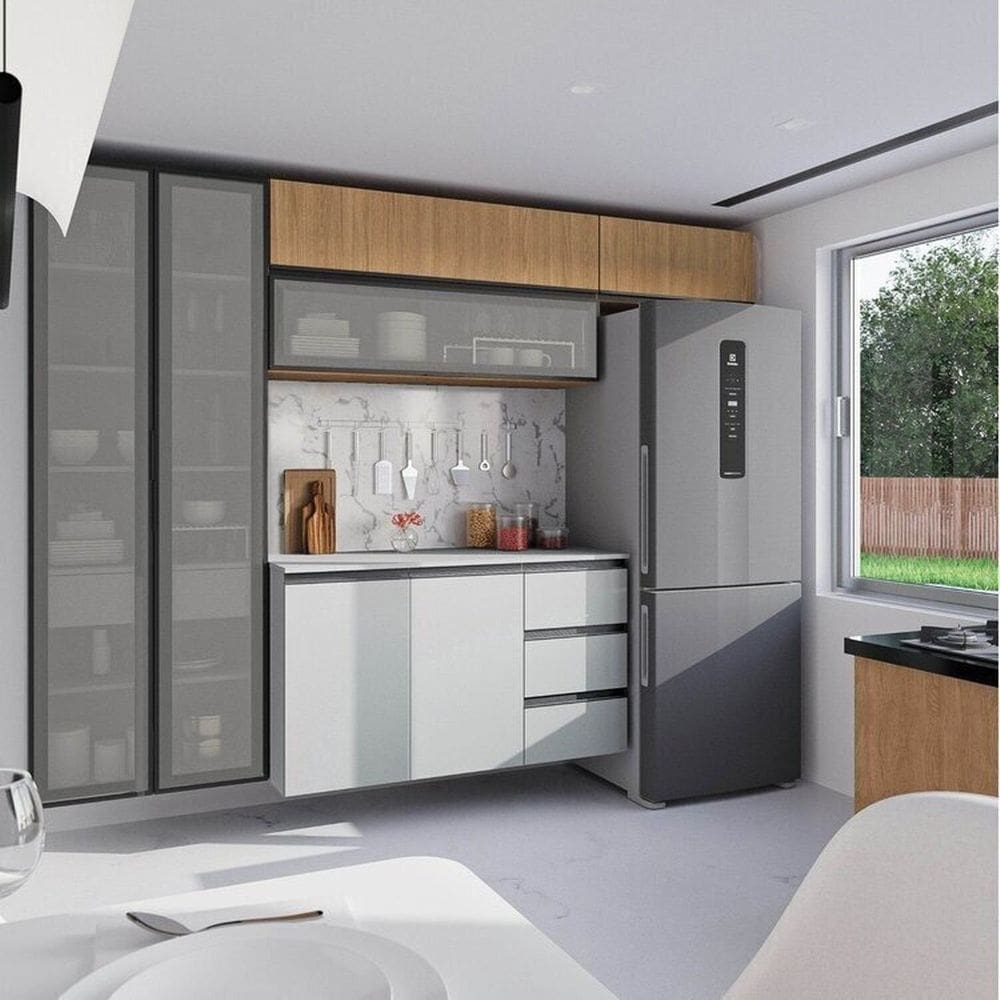 Cozinha Modulada 5 Peças 3 Aéreos 1 Balcão 1 Cristaleira Nara Cabecasa Madeiramadeira Avena/Cinza Claro