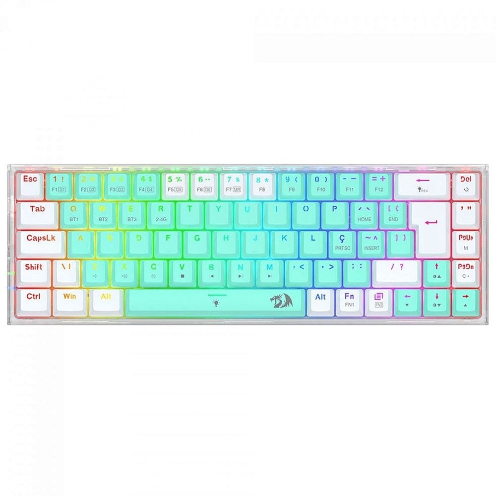 Teclado Mecânico Gamer Redragon Castor Pro, Wireless, Bluetooth, Switch Gentle Mine, ABNT2, 65%, Branco E Menta