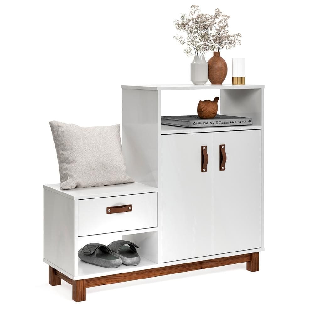 Sapateira com Banco Organic 3 Portas Pés de Madeira Maciça