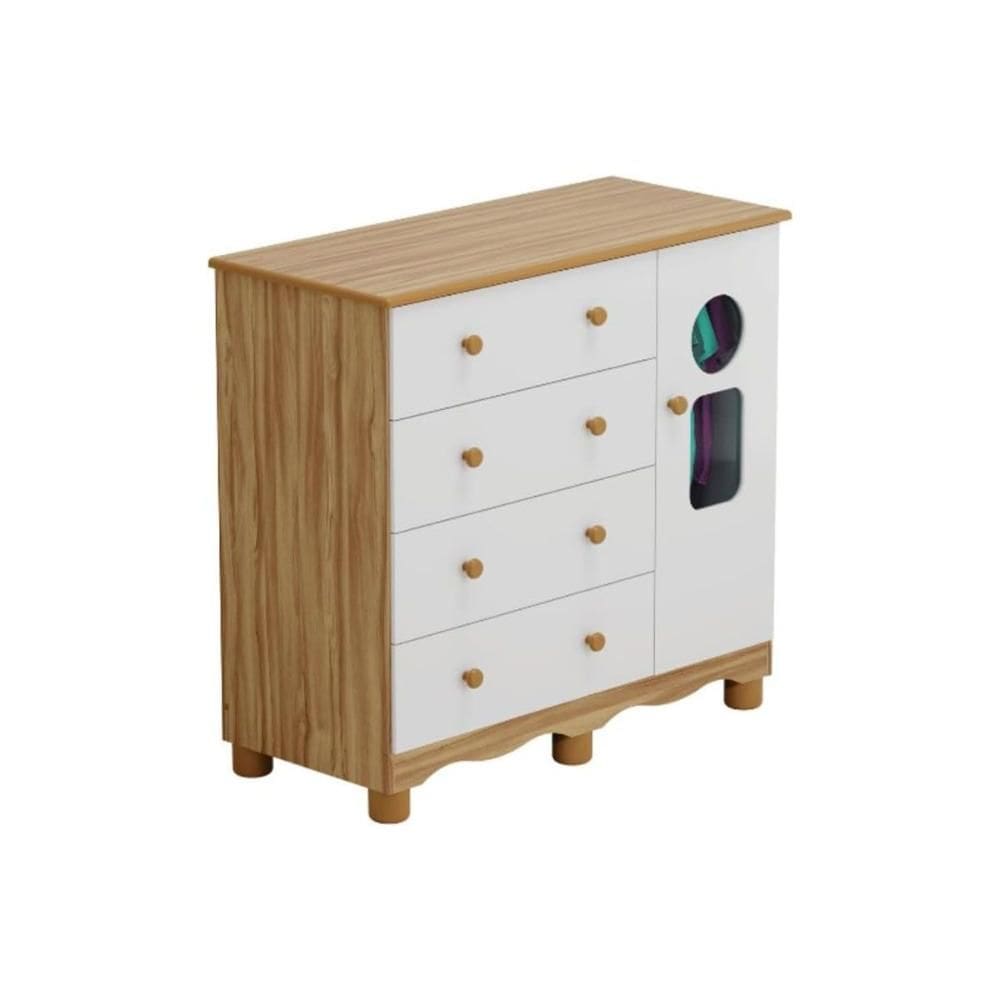 Cômoda Infantil Tedy c/ 1 Porta Cristal e 4 Gavetas Branco/Amendoa - Peroba