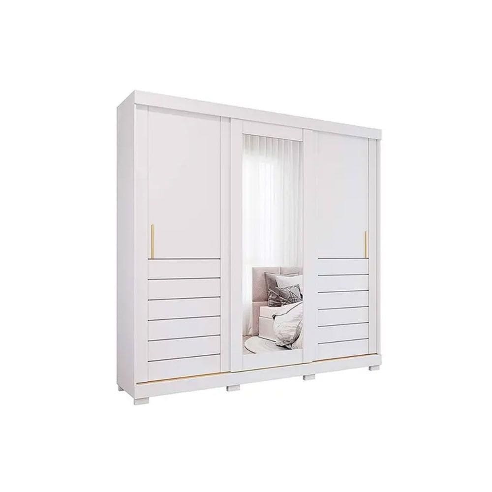 Guarda Roupa Casal 3 Portas de Correr (1 c/ Espelho) e 6 Gavetas c/ Pés Cecilia Branco - Panan