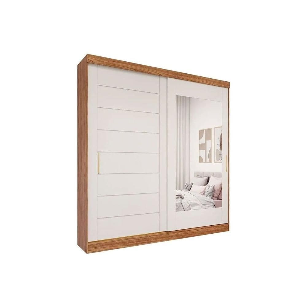 Guarda Roupa Casal 2 Portas de Correr (1 c/ Espelho) e 8 Gavetas Florença Cinamomo/Off White - Panan