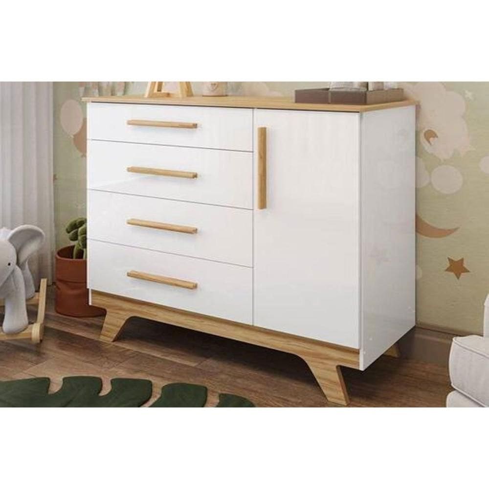 Cômoda Infantil Retrô c/ 1 Porta e 4 Gavetas Branco/Amendoa - Peroba
