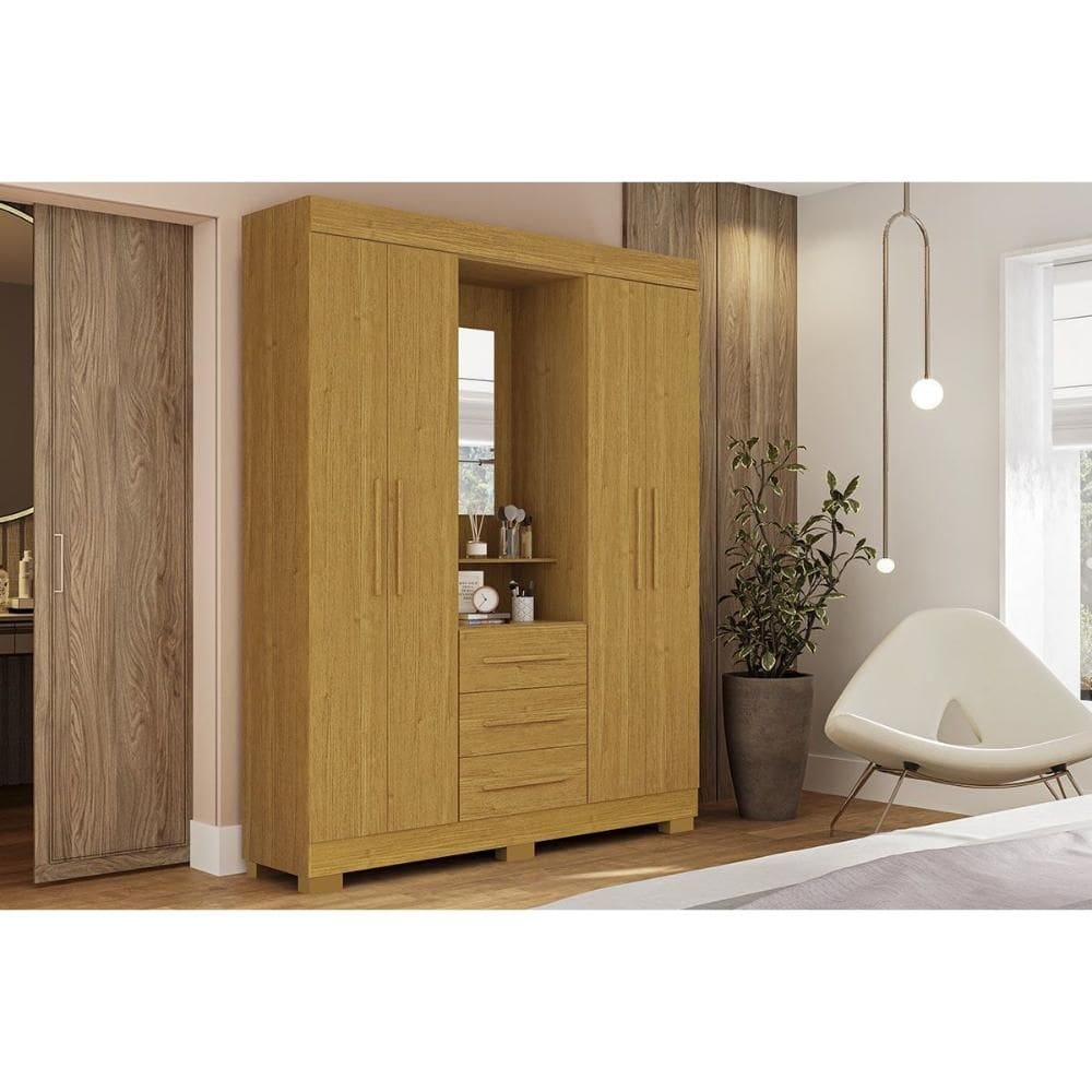 Guarda Roupa Solteiro 4 Portas e 3 Gavetas c/ 1 Espelho Emily Gold Cinamomo - ACP