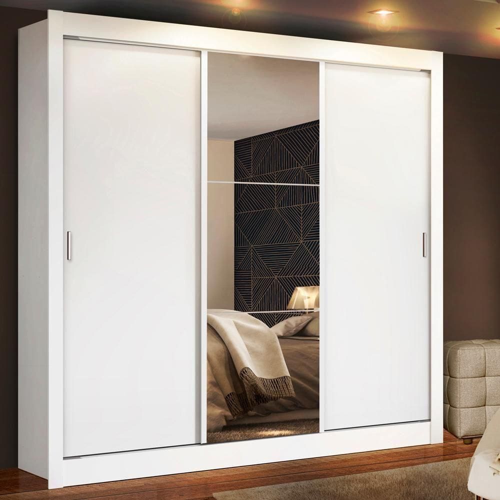 Guarda Roupa Casal Madesa Mônaco 3 Portas De Correr Com Espelho Branco