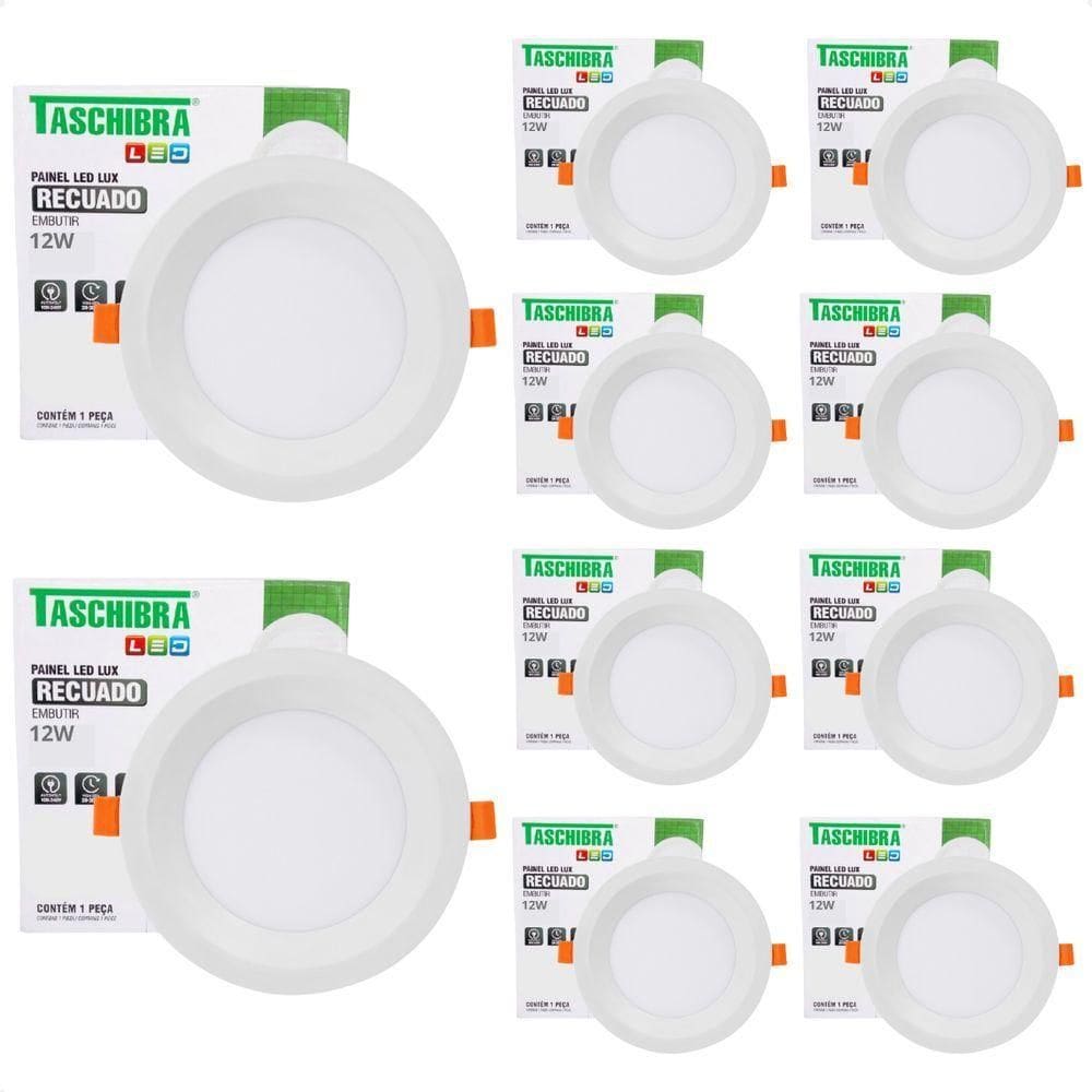 Kit 10 Painel De Led Redondo Embutir Recuado 12w Bivolt Taschibra 4000k Neutro