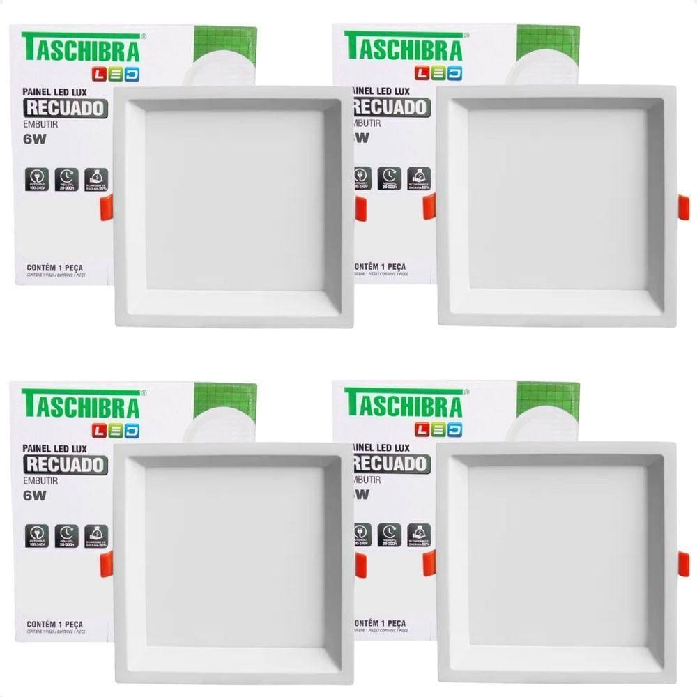Kit 4 Painel De Led Quadrado Embutir Recuado 6w Bivolt Taschibra 3000k Quente