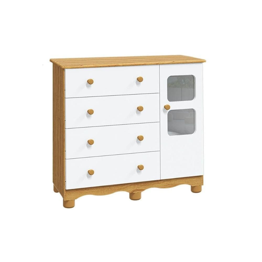 Cômoda Infantil Uli c/ 1 Porta Cristal e 4 Gavetas Branco/Amendoa - Peroba