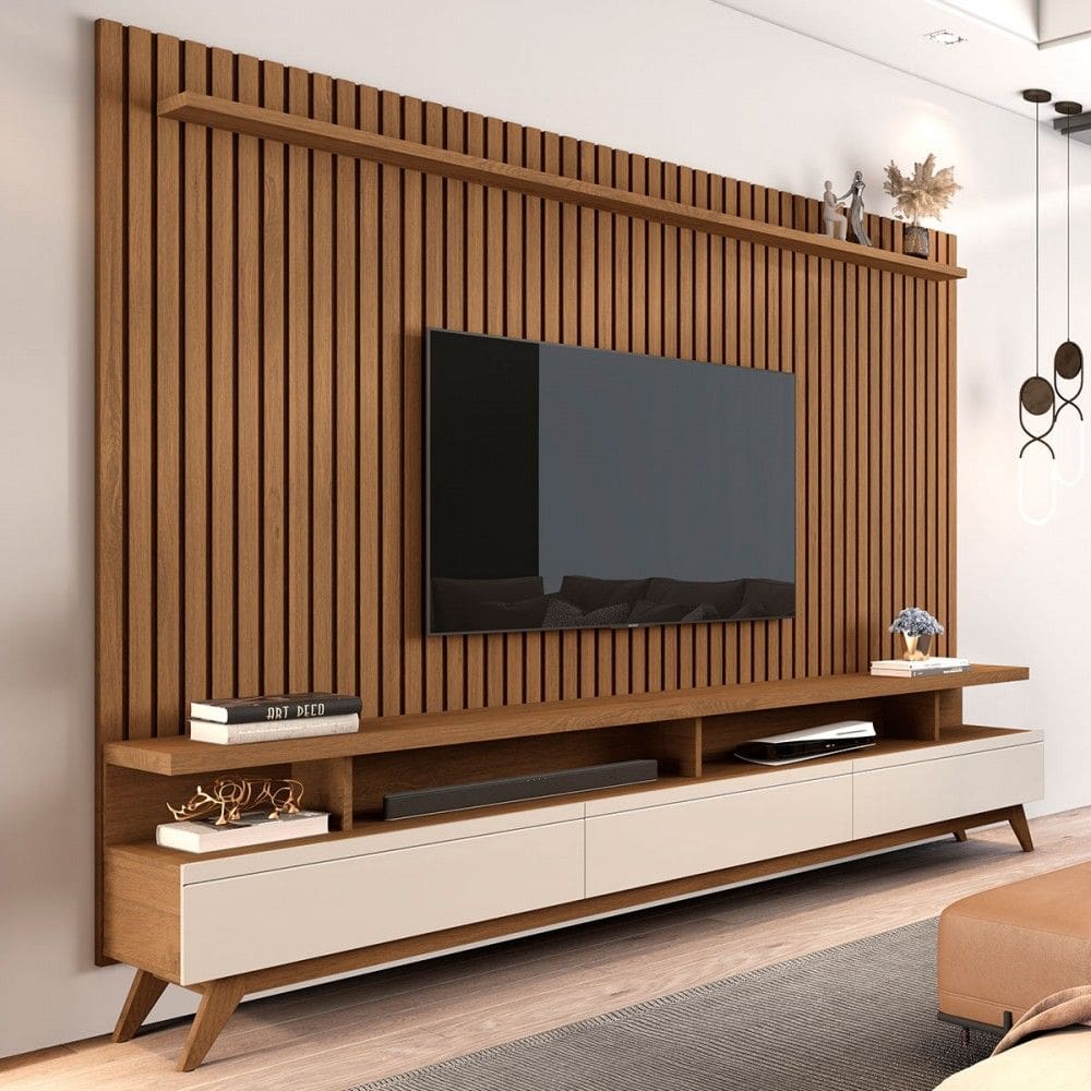 Rack com Painel para TV 72 Polegadas Cruise 3 Gavetas Ripado Freijó/Off White - Pnr Móveis