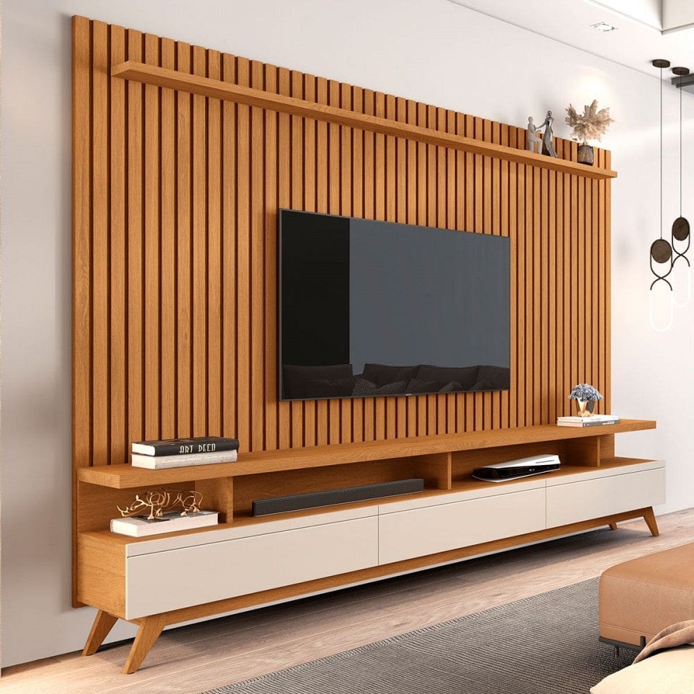 Rack com Painel para TV 72 Polegadas Cruise 3 Gavetas Ripado Natural/ Off White - Pnr Móveis