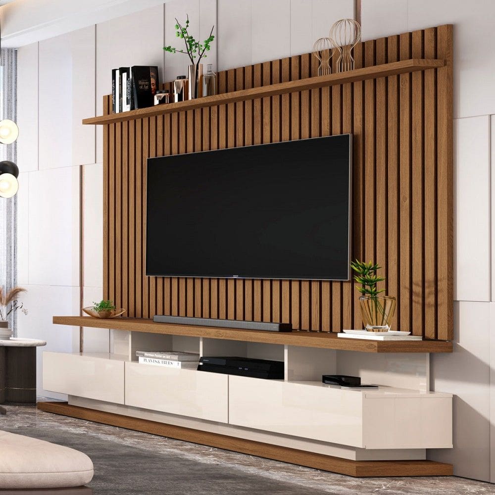 Rack com Painel para TV Até 72 Polegadas Stallone 3 Gavetas Ripado Off White/Freijó - Pnr Móveis