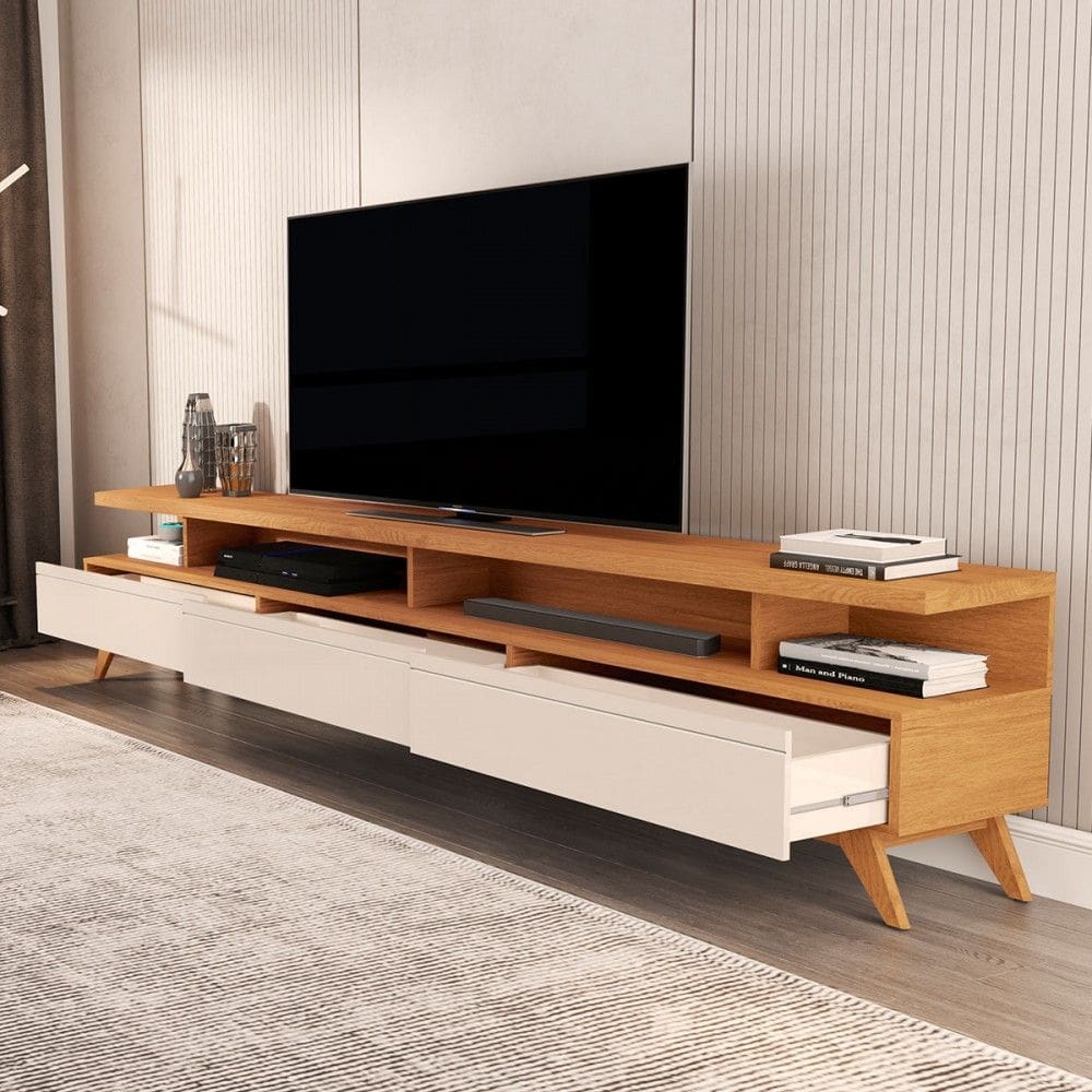 Rack para TV 86 Polegadas Cruise 3 Gavetas Natural/Off White - Pnr Móveis
