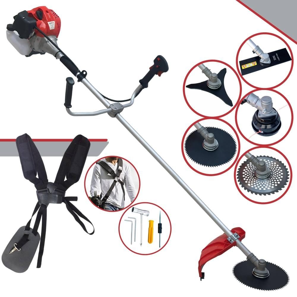 Roçadeira Anmax CG520P À Gasolina 2T 52cc 2,2HP 10.000rpm Com Carretel + Lâmina Facão + Lâmina 3 Pontas + Lâmina 40 Dentes de Vídea + Lâmina 80 Dentes