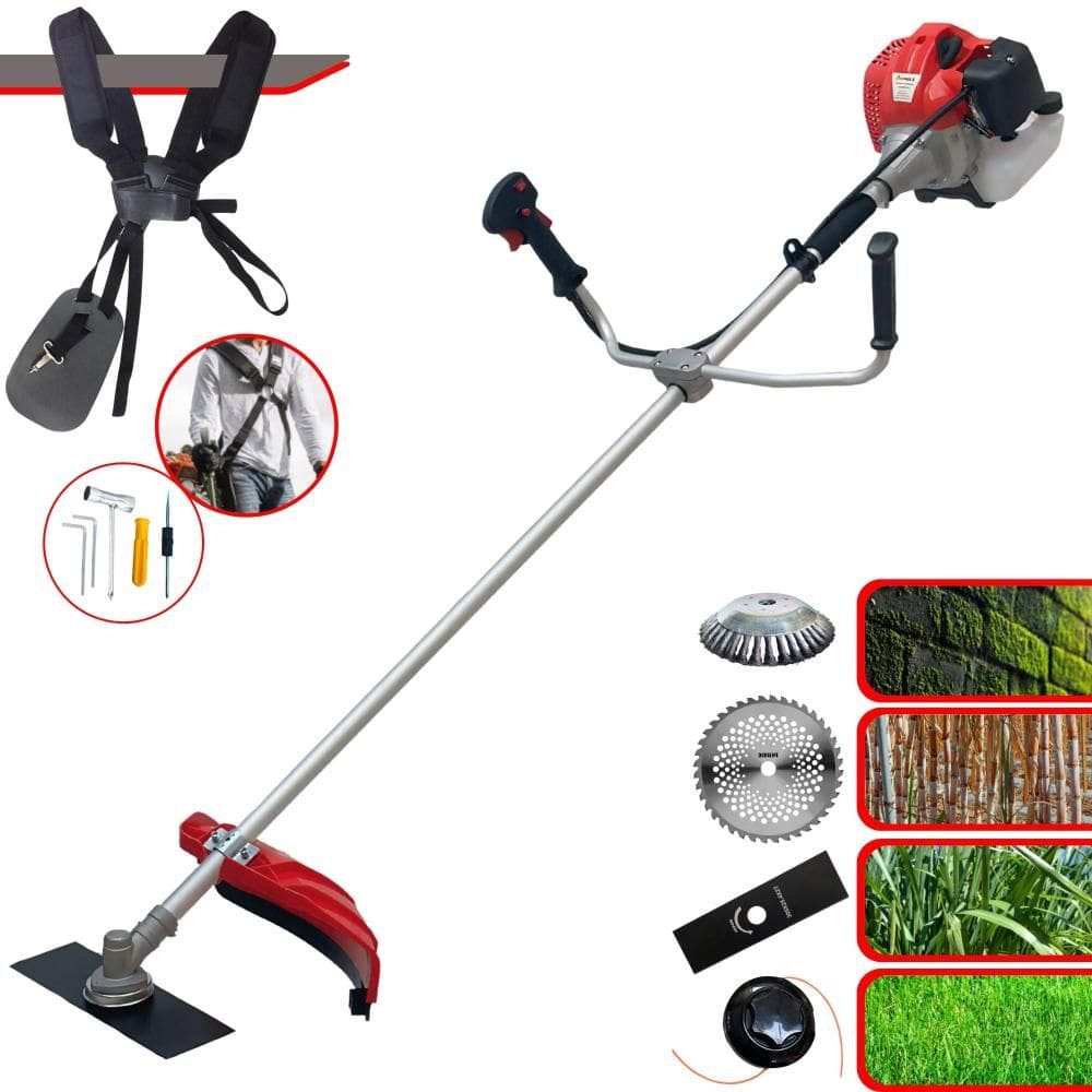 Roçadeira Aparador de Grama Anmax CG520P-TB À Gasolina 2T 52cc 2,2HP Com Carretel + Lâmina Facão + Lâmina 40 Dentes + Escova Circular de Aço 38 Cerdas