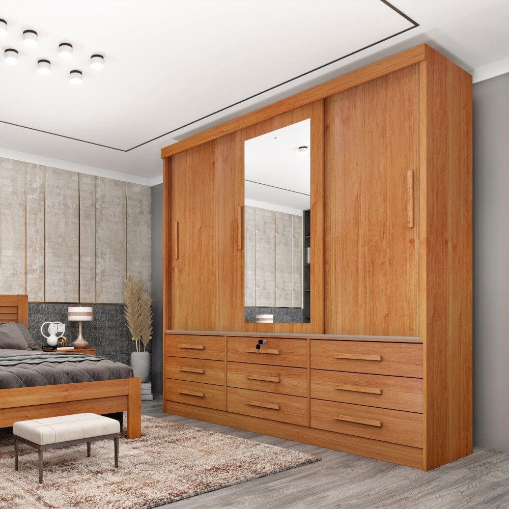 Guarda Roupa Roupeiro Casal Chicago 3 portas Com Espelho Cinamomo - Tcil