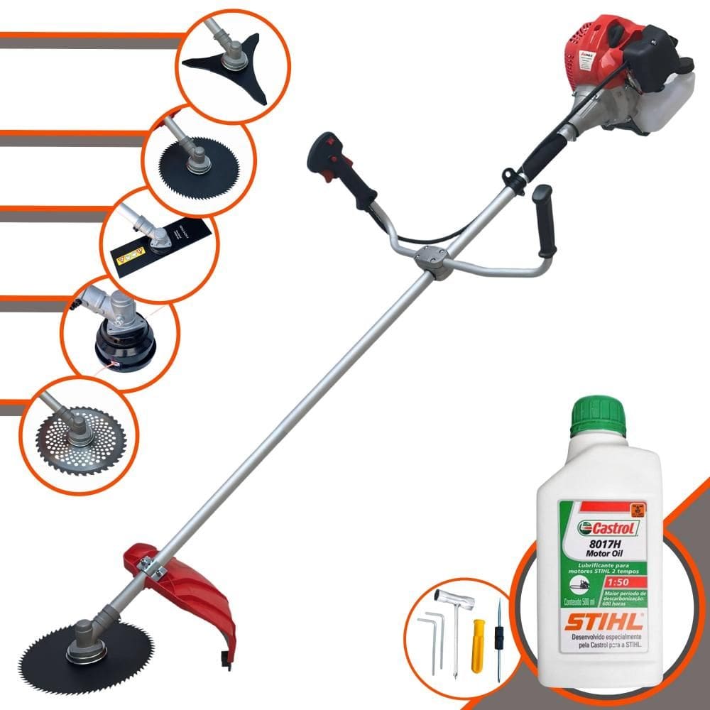 Roçadeira Multifuncional Anmax CG520P-TB À Gasolina 2 Tempos 52cc 2,2HP 10.000rpm Completa 5 Em 1 Com Carretel + Kit 4 Lâminas de Corte + ÓLEO STIHL