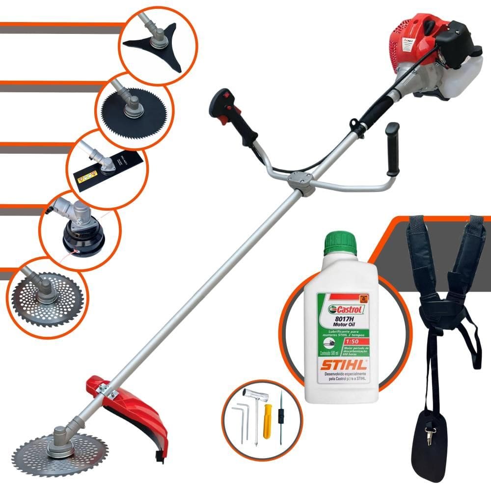 Roçadeira Anmax CG520-P À Gasolina 2T 52cc 2,2HP Com Faca 2 Pontas + Faca 3 Pontas + Faca 40 Dentes + Faca 80 Dentes + Carretel de Nylon + ÓLEO STIHL