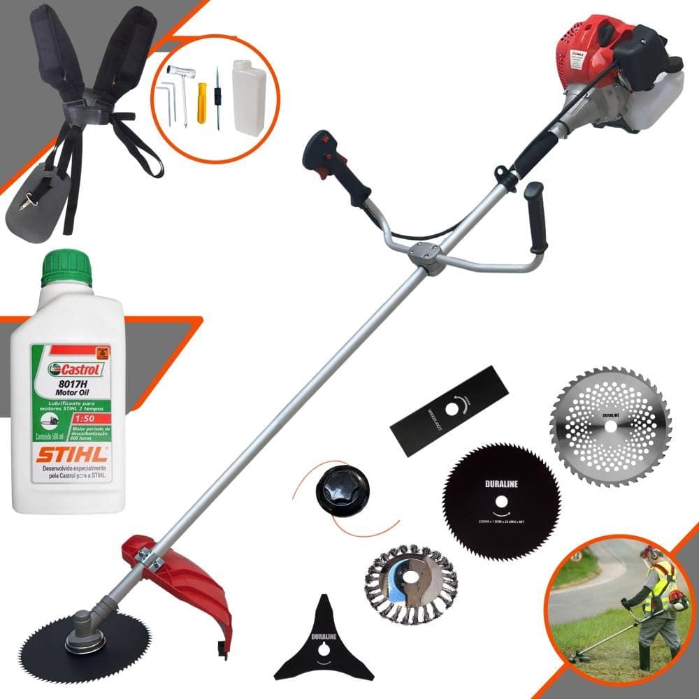 Roçadeira Anmax CG520P 52cc 2,2HP Com Carretel e Lâmina Facão + Lâmina 3 Pontas + Lâmina 40 Dentes + Lâmina 80 Dentes + Escova de Aço + ÓLEO STIHL 2T