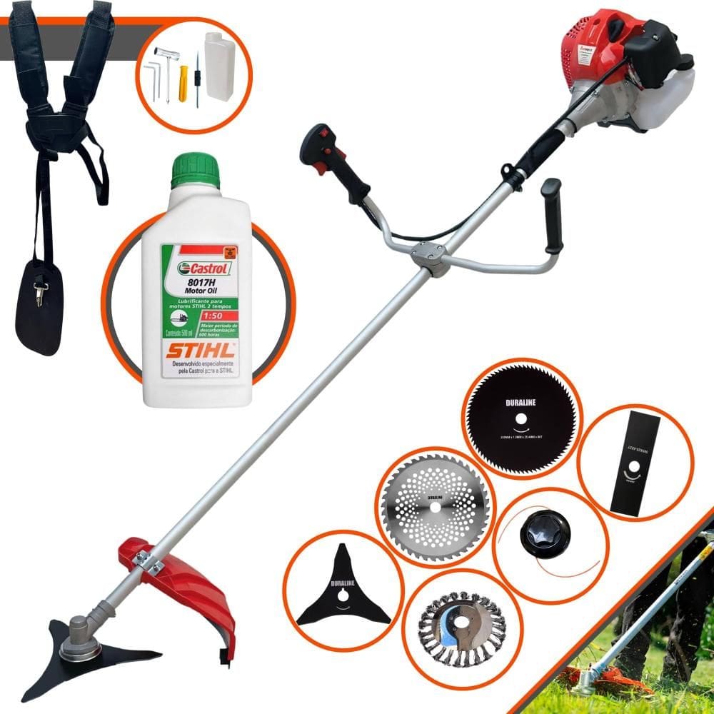 Roçadeira Profissional Anmax CG520P À Gasolina 52cc Com Carretel e Faca 2 Pontas + Facas 3 Pontas, 40 Dentes, 80 Dentes + Escova de Aço + ÓLEO STIHL