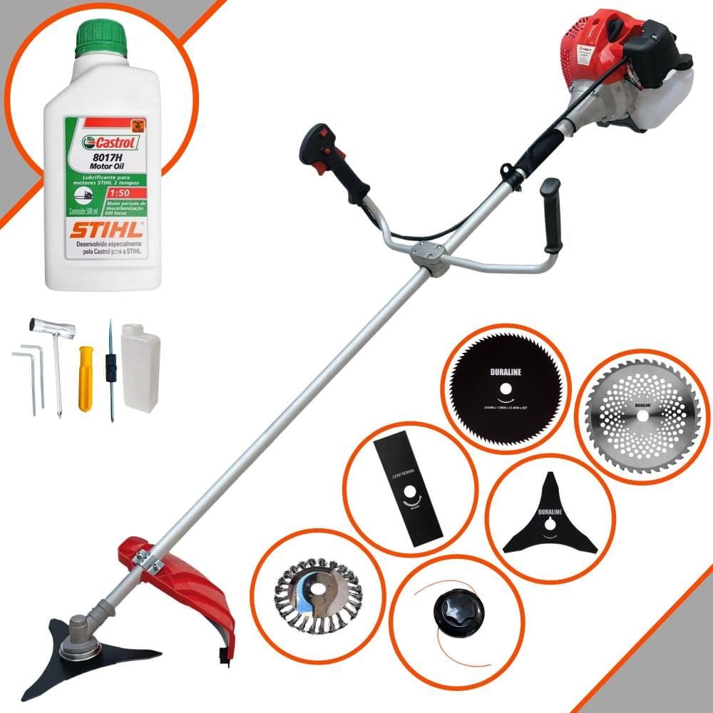 Roçadeira 6 Em 1 Anmax CG520P 52cc 2,2HP Com Carretel + Faca 2 Pontas + Faca 3 Pontas + Faca 40 Dentes + Faca 80 Dentes + Escova de Aço + ÓLEO STIHL