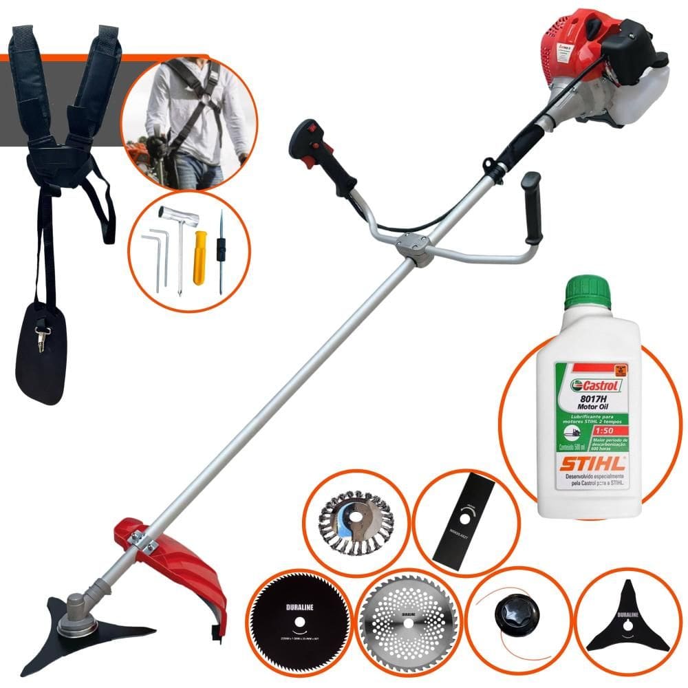 Roçadeira À Gasolina Anmax CG520PTB 52cc 2,2HP Com Lâmina Facão e Carretel + Faca 3 Pontas, Faca 40 Dentes, Faca 80 Dentes, Escova de Aço + ÓLEO STIHL