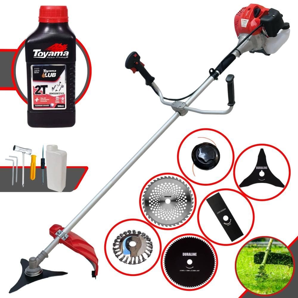 Roçadeira À Gasolina Anmax CG520P 52cc 2,2HP Com Lâmina Facão e Carretel + Faca 3 Pontas, Faca 40 Dentes, Faca 80 Dentes e Escova de Aço + ÓLEO TOYAMA