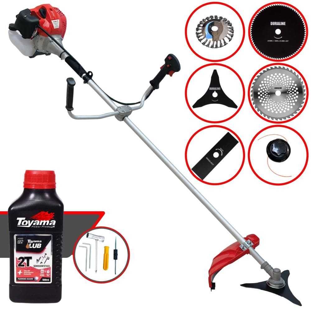 Roçadeira Multifunções Anmax CG520P À Gasolina 52cc Com Carretel e Faca 2 Pontas + Facas 3 Pontas, 40 Dentes, 80 Dentes + Escova de Aço + ÓLEO TOYAMA