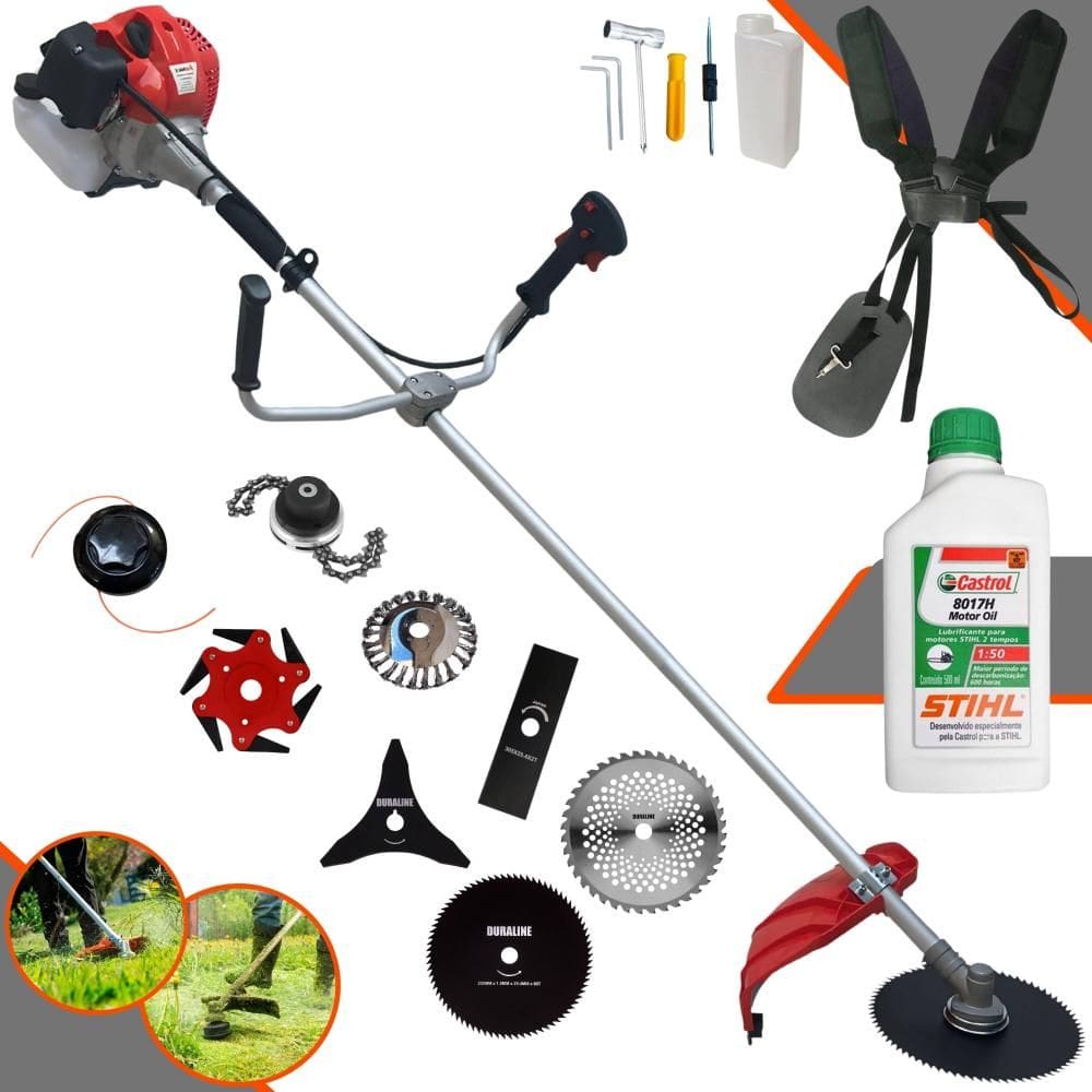 Podador de Grama Anmax CG520P 52cc 2,2HP Com Carretel + Facas 2 Pontas, 3 Pontas, 6 Pontas, 40 Dentes, 80 Dentes, Trimmer e Escova de Aço + ÓLEO STIHL