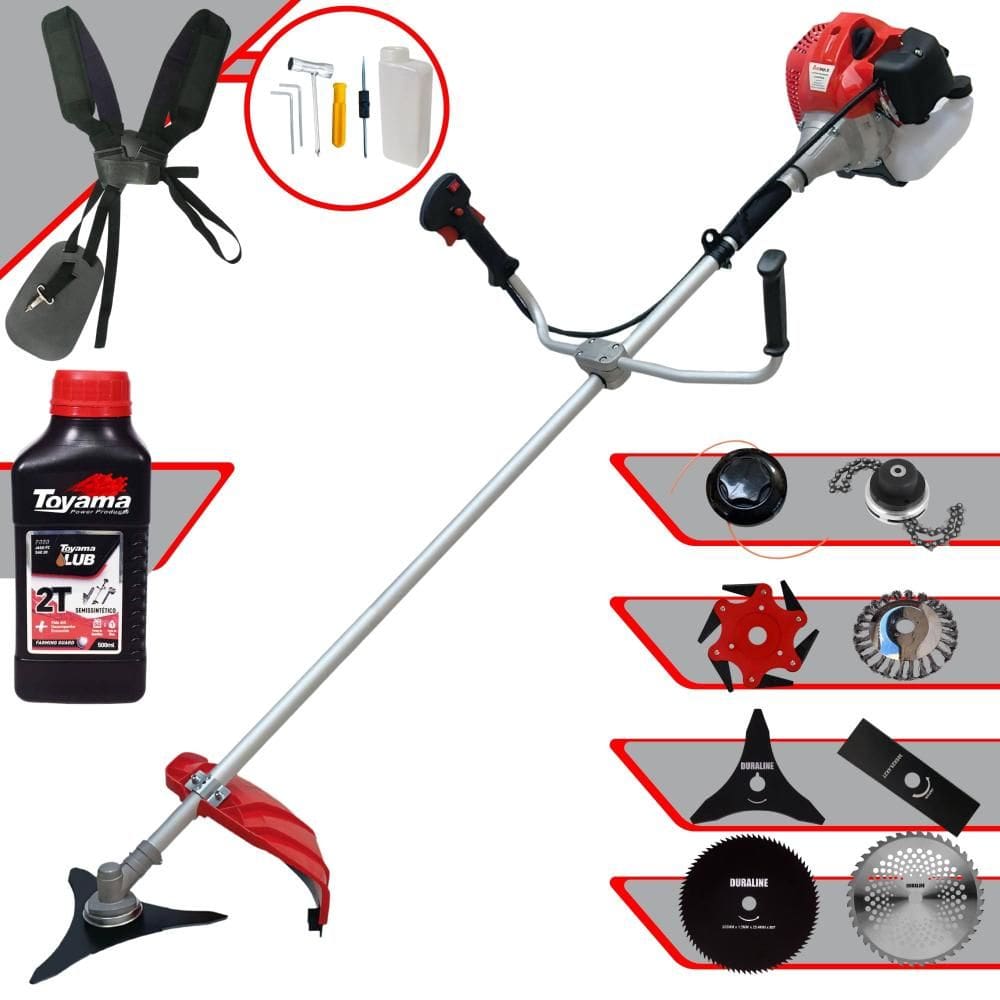 Roçadeira Anmax CG520P-TB 52cc 2T 2,2HP Com Carretel + Facas 2 Pontas, 3 Pontas, 6 Pontas, 40 Dentes, 80 Dentes, Trimmer e Escova de Aço + ÓLEO TOYAMA