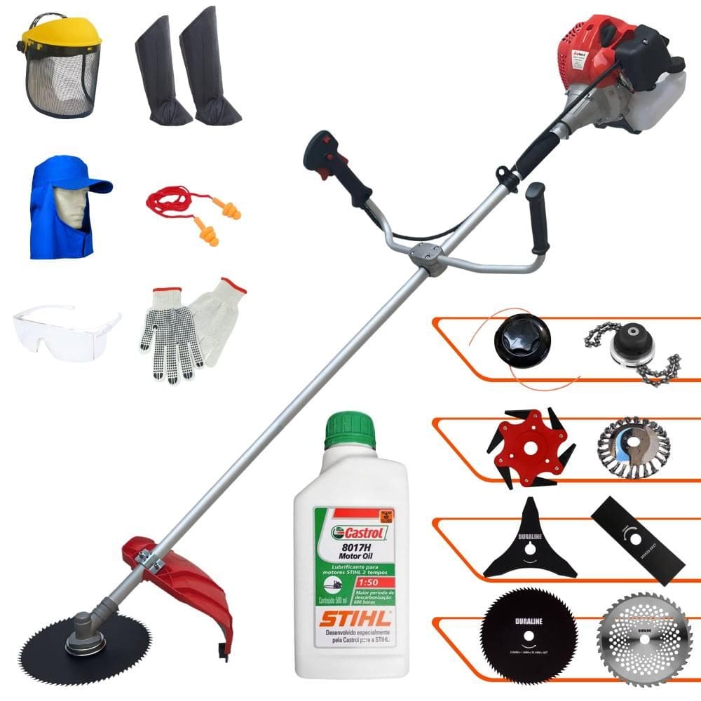 Máquina de Cortar Grama Profissional À Gasolina Anmax CG520P 52cc 2T 2,2HP 10.000rpm Roçadeira Completa Com 8 Opções de Cortes + EPI + ÓLEO STIHL
