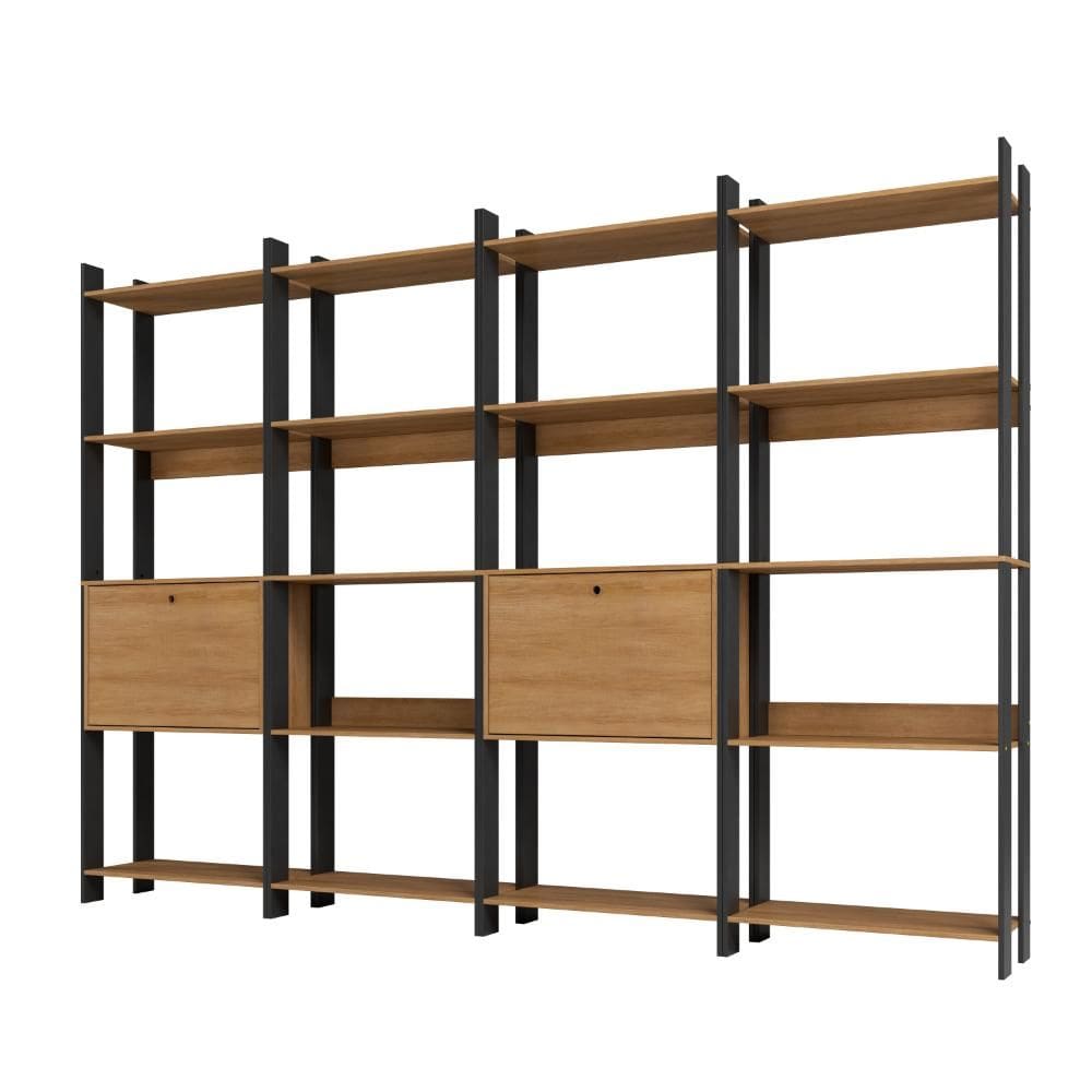 Kit 4 Estantes para Livros 2 Portas 20 Prateleiras Estilo Industrial Lâmina Madeira/Preto - BRV Móveis