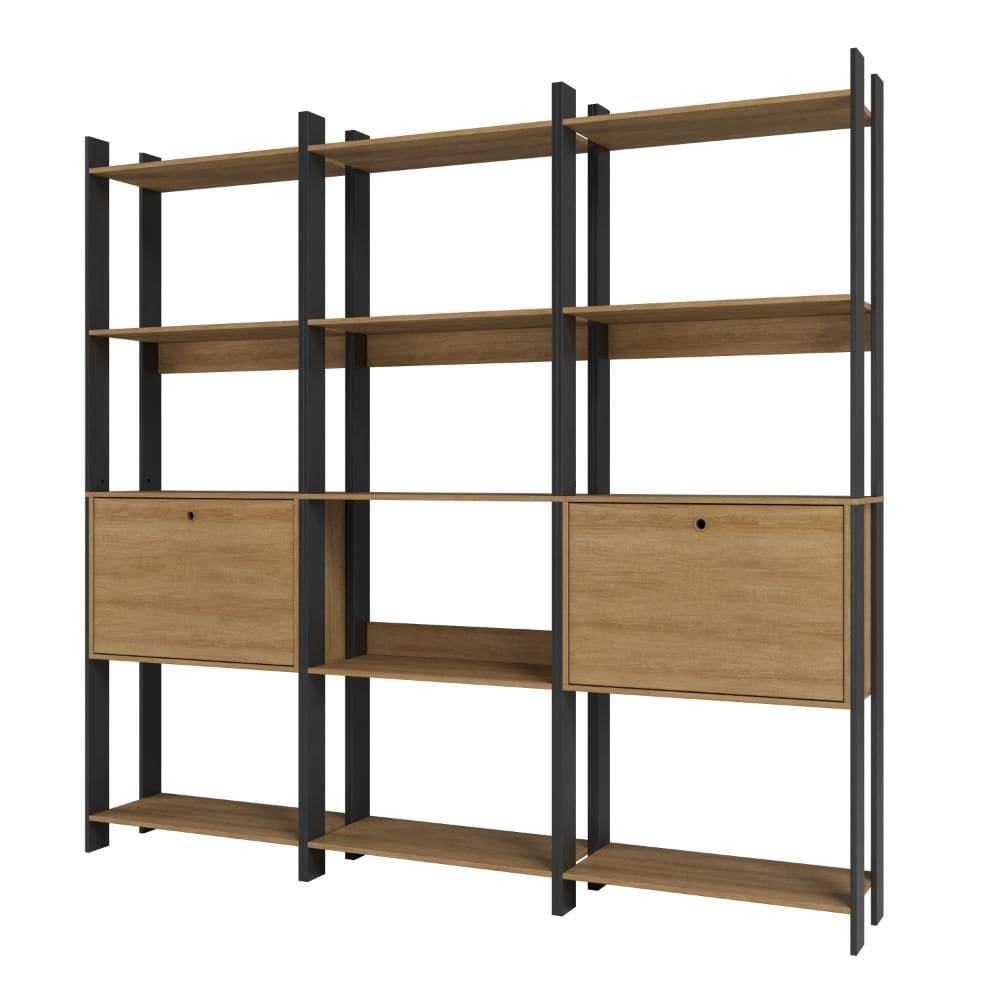 Kit 3 Estantes para Livros 2 Portas 15 Prateleiras Estilo Industrial Lâmina Madeira/Preto - BRV Móveis