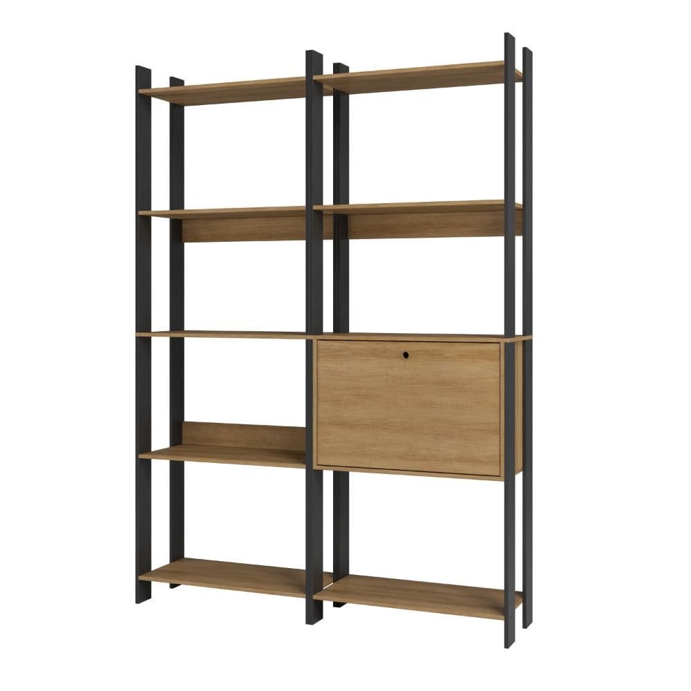 Kit 2 Estantes para Livros 1 Porta 10 Prateleiras Estilo Industrial Lâmina Madeira/Preto - BRV Móveis