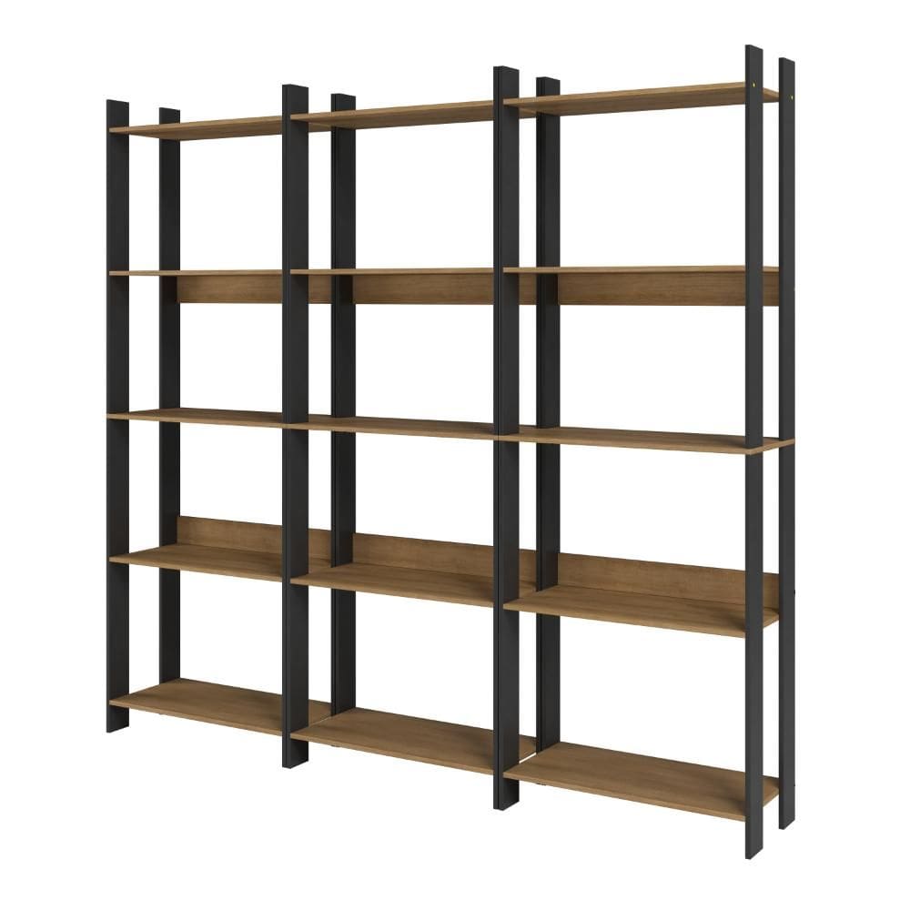 Kit 3 Estantes para Livros 15 Prateleiras Estilo Industrial Lâmina Madeira/Preto - BRV Móveis