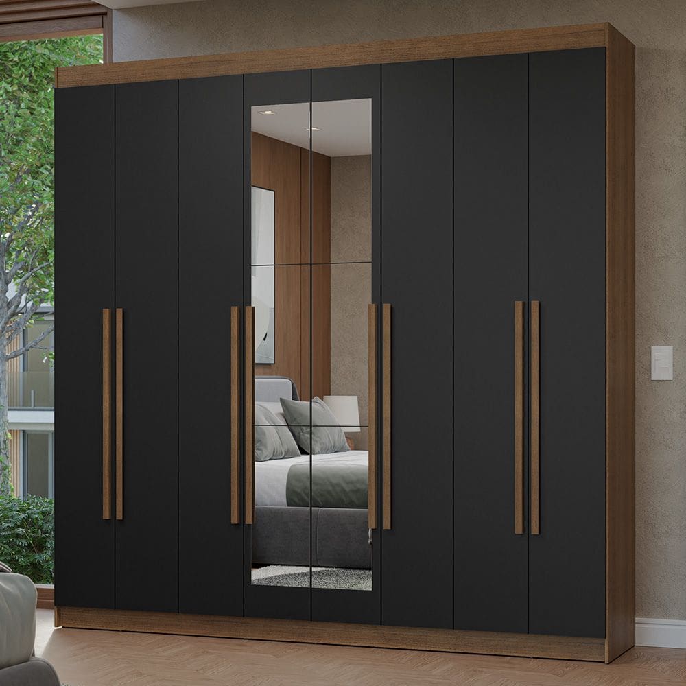 Guarda-Roupa Casal 8 Portas Batentes com Espelho Rustic/Preto/Rustic Netuno Madesa