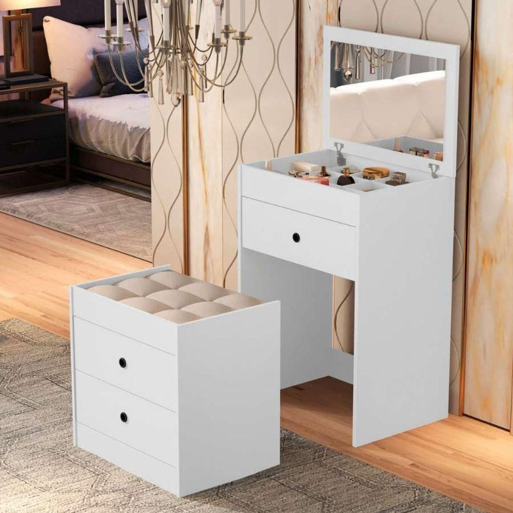 Penteadeira Cômoda Gaveteiro Com Banqueta Embutido Mdf Espelho Basculante Branco
