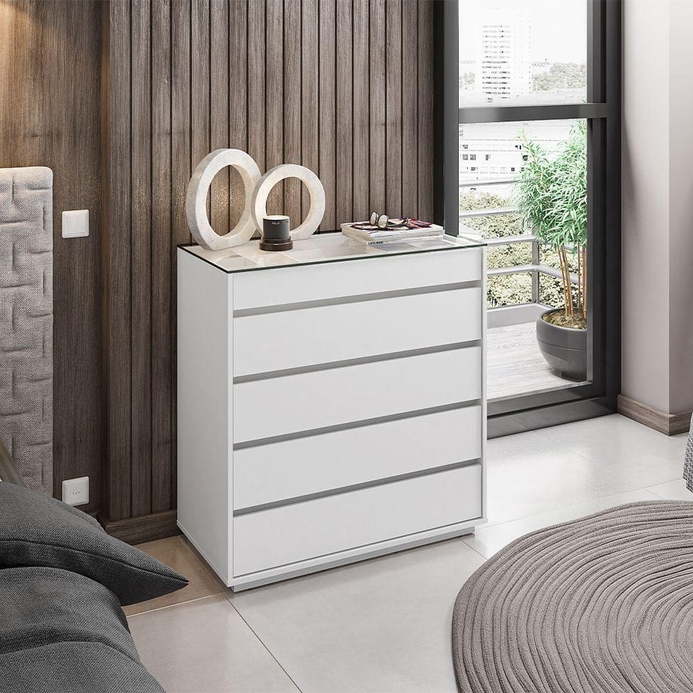 Cômoda Belize Versátile Com 5 Gavetas E Organizador Tampo De Vidro 90cm Branco