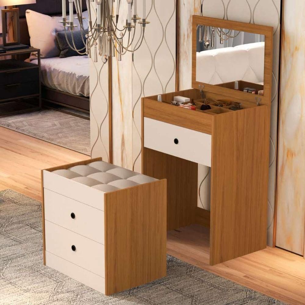 Penteadeira Cômoda Gaveteiro Com Banqueta Embutido Mdf Espelho Basculante Nature/off White