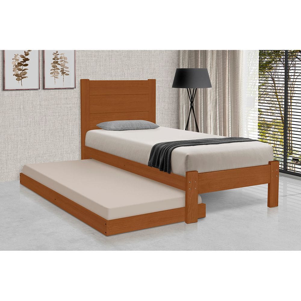 Cama de Solteiro Lara com Cama Auxiliar de Madeira Maciça Pinus