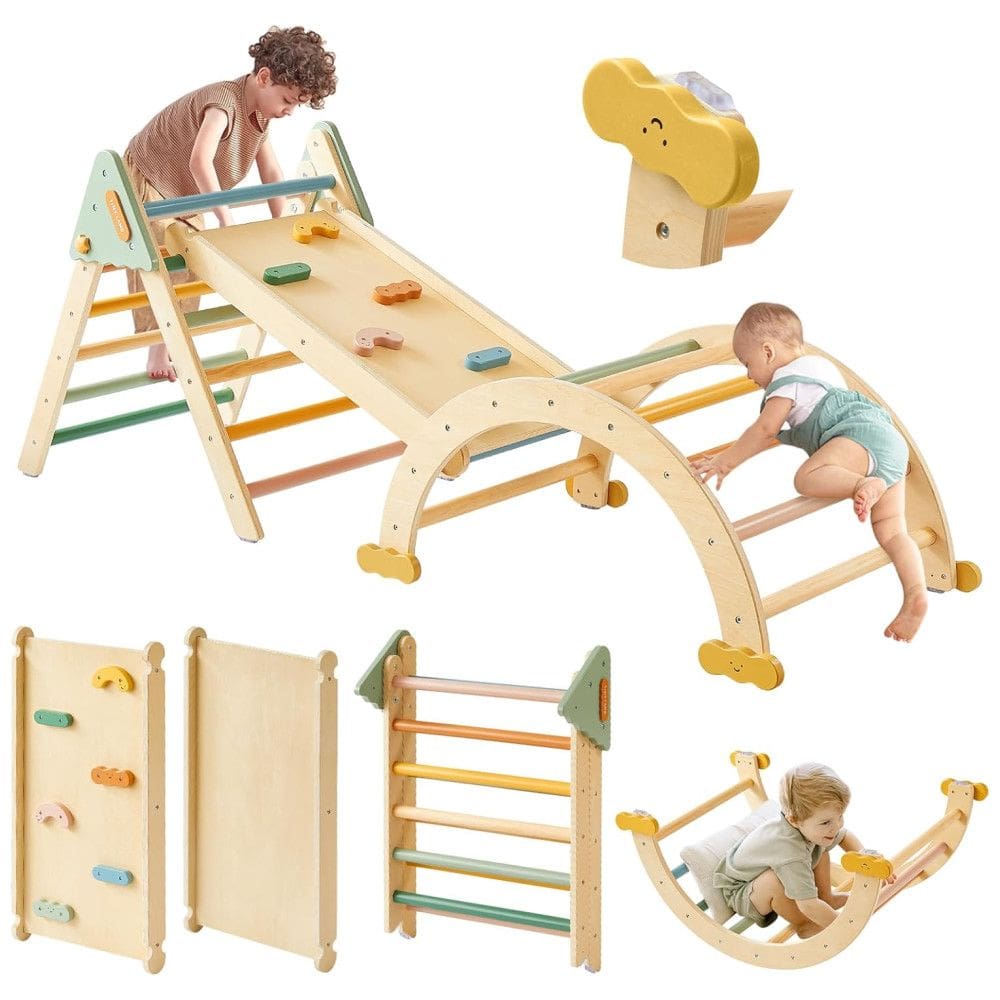 Conjunto Tiny Land Pikler Triangle, Montessori 7 em 1 Dobrável para Escalada de Crianças, Ginásio de Madeira para Playground Interno,