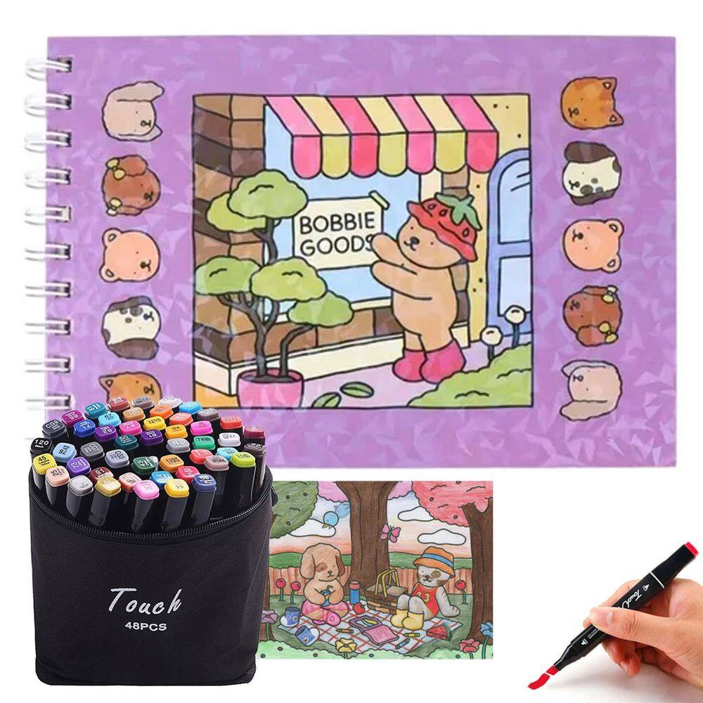 Livrinho de Colorir Canetinha 48 Cores Ponta Dupla Livro Caneta Estojo Bolsa Pintura Arte Desenho Diversao