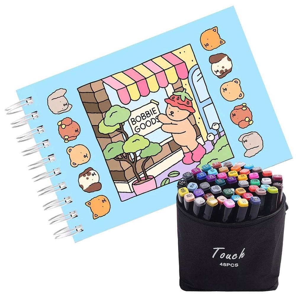 Livrinho de Pintar Canetinha 48 Cores Ponta Dupla Livro de Colorir Caneta Estojo Bolsa Arte Desenho Pintura