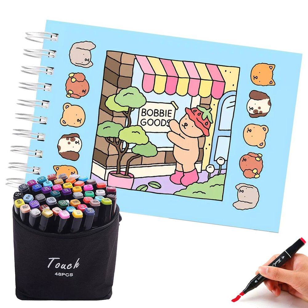 Livrinho de Colorir Canetinha 48 Cores Ponta Dupla Caneta Estojo Bolsa Livro Pintura Arte Desenho Diversao Lazer