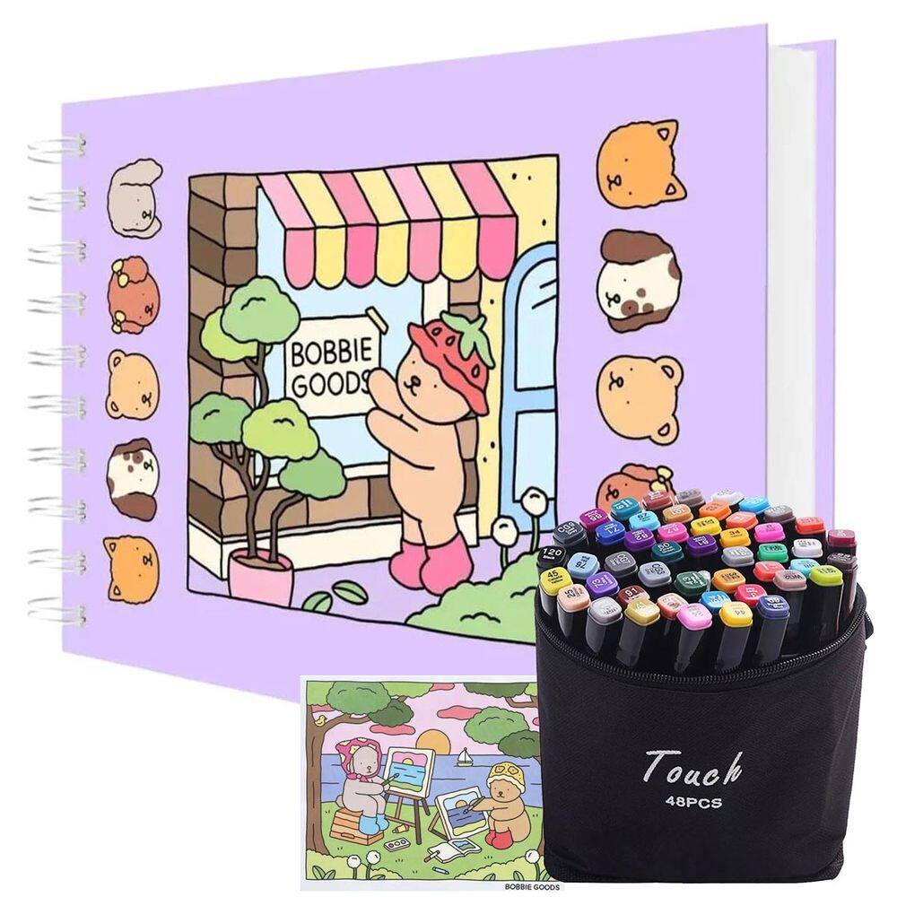 Livrinho de Pintar Canetinha 48 Cores Ponta Dupla Livro de Colorir Caneta Estojo Bolsa Desenho Pintura Arte Lazer