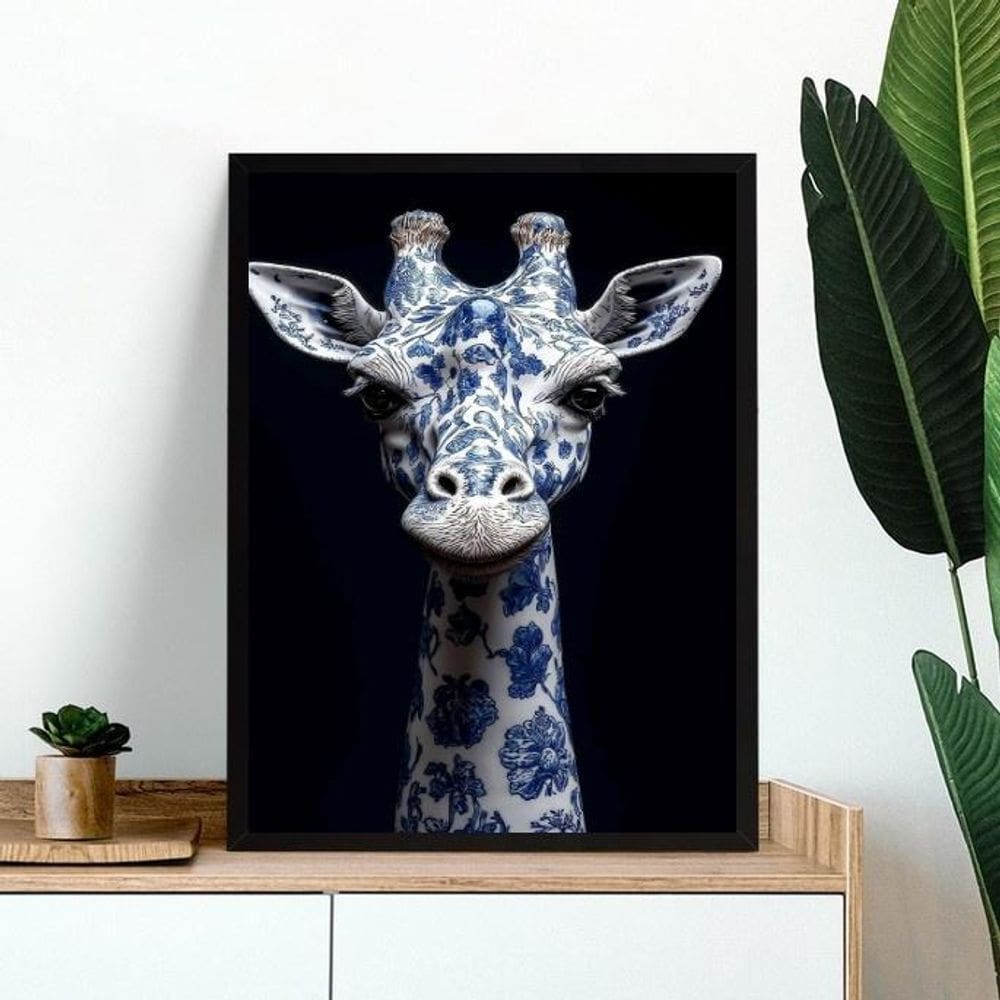 Quadro Decorativo Girafa Estampa Flores Azuis 45X34Cm Vidro