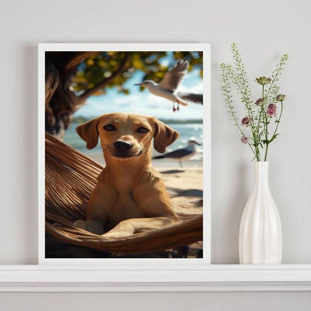 Quadro Decorativo Cachorro Caramelo Na Praia 24X18Cm