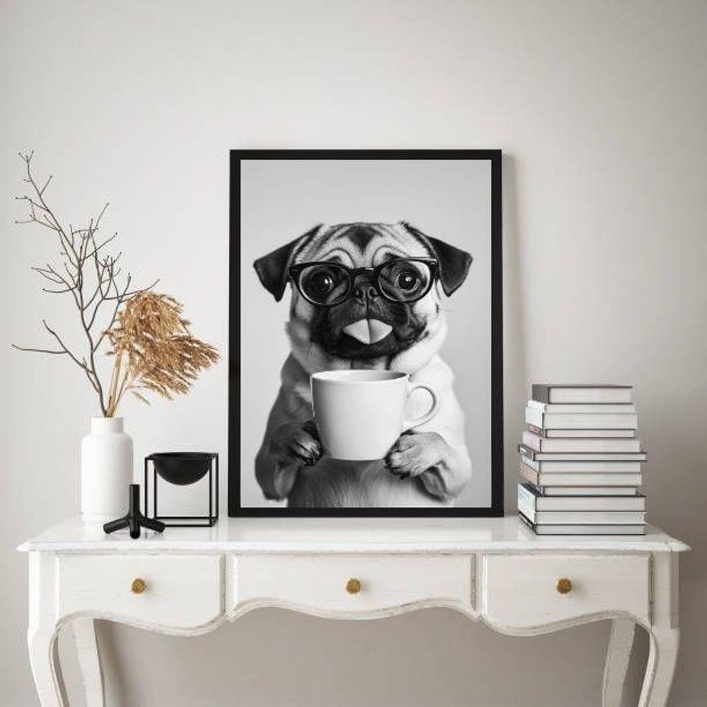 Quadro Decorativo Cachorrinho Pug Bebendo Café 45X34Cm