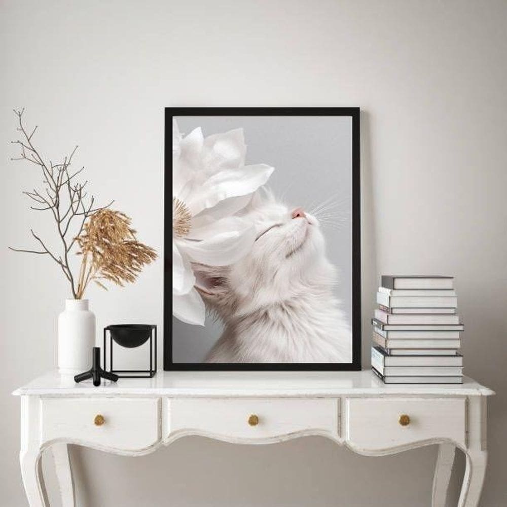 Quadro Decorativo Gatinho Branco Flor Branca 24X18Cm