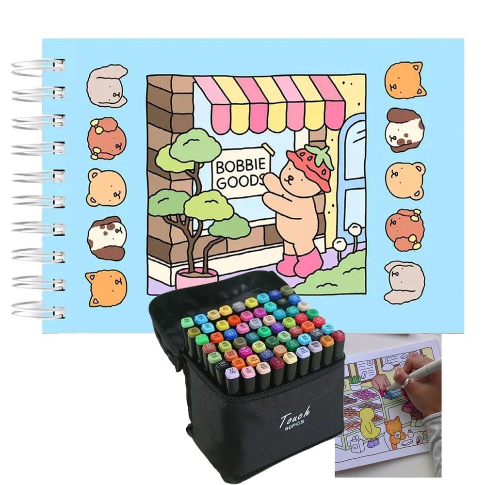 Livrinho de Colorir Pintar Canetinha 60 Cores  Caneta Ponta Dupla Estojo Bolsa Livro Desenho Pintura