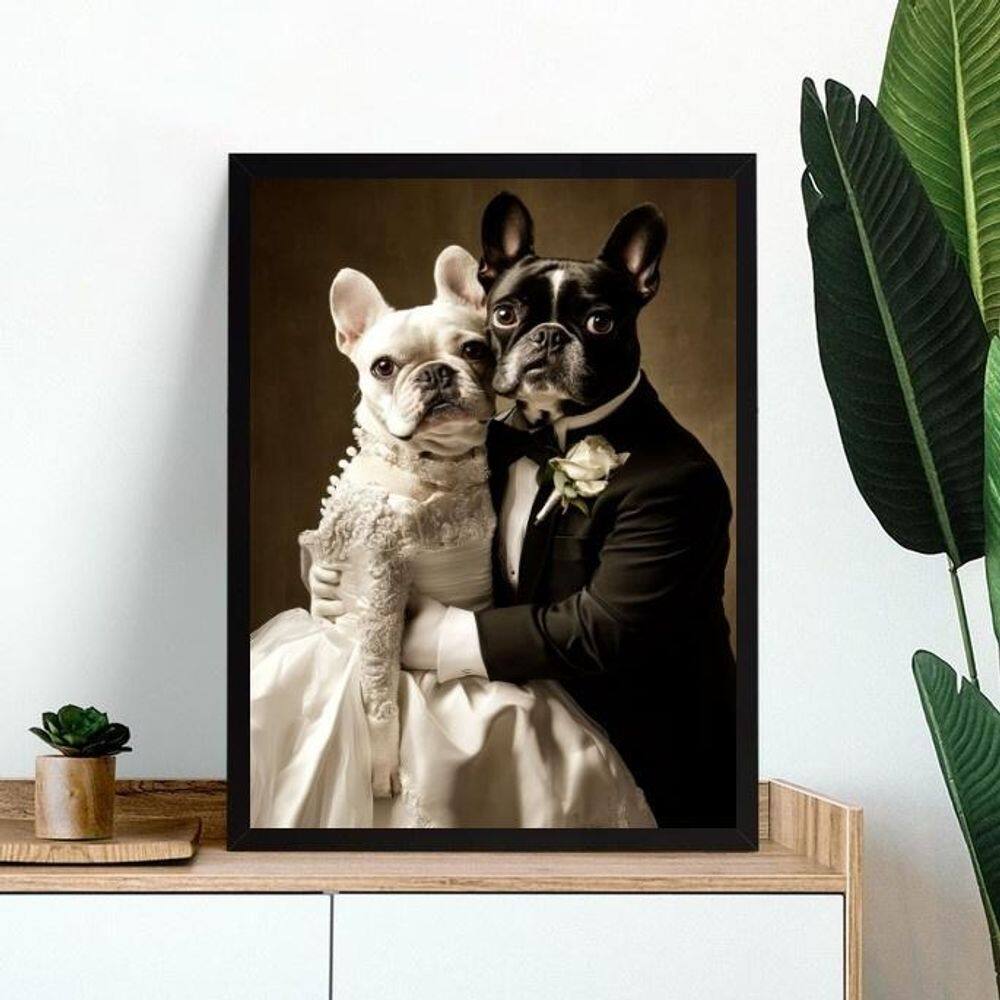 Quadro Casamento Bulldog Francês 24X18Cm - Com Vidro